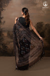Ushraa - Black and Indigo Ajrakh Hand Block Printed Kota Cotton Silk Saree with Small Silver Zari Border