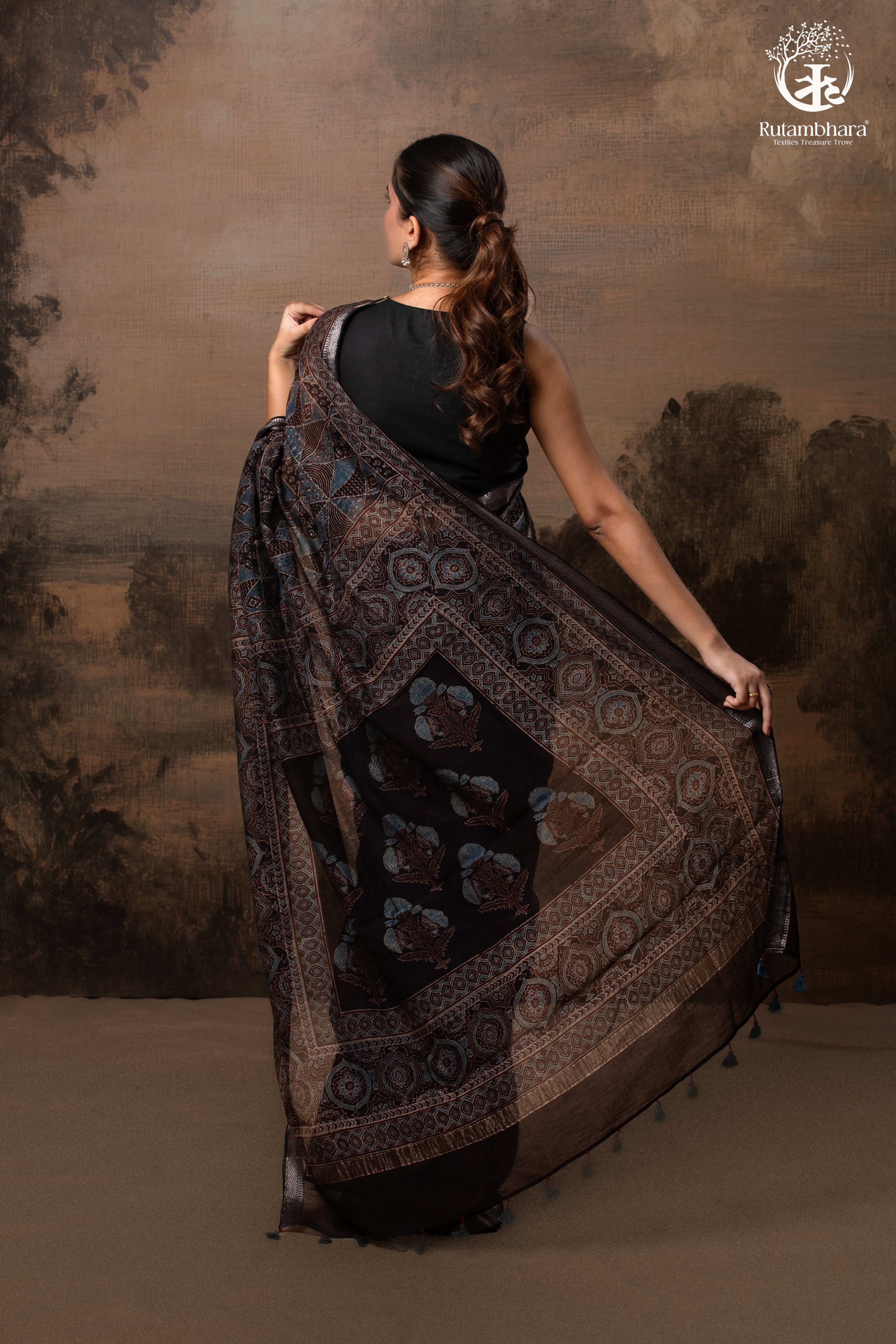 Ushraa - Black and Indigo Ajrakh Hand Block Printed Kota Cotton Silk Saree with Small Silver Zari Border