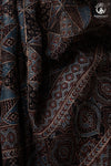 Ushraa - Black and Indigo Ajrakh Hand Block Printed Kota Cotton Silk Saree with Small Silver Zari Border