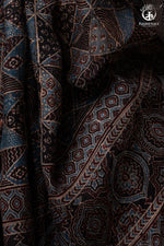 Ushraa - Black and Indigo Ajrakh Hand Block Printed Kota Cotton Silk Saree with Small Silver Zari Border-RUTAMBHARA-RUTAMBHARA
