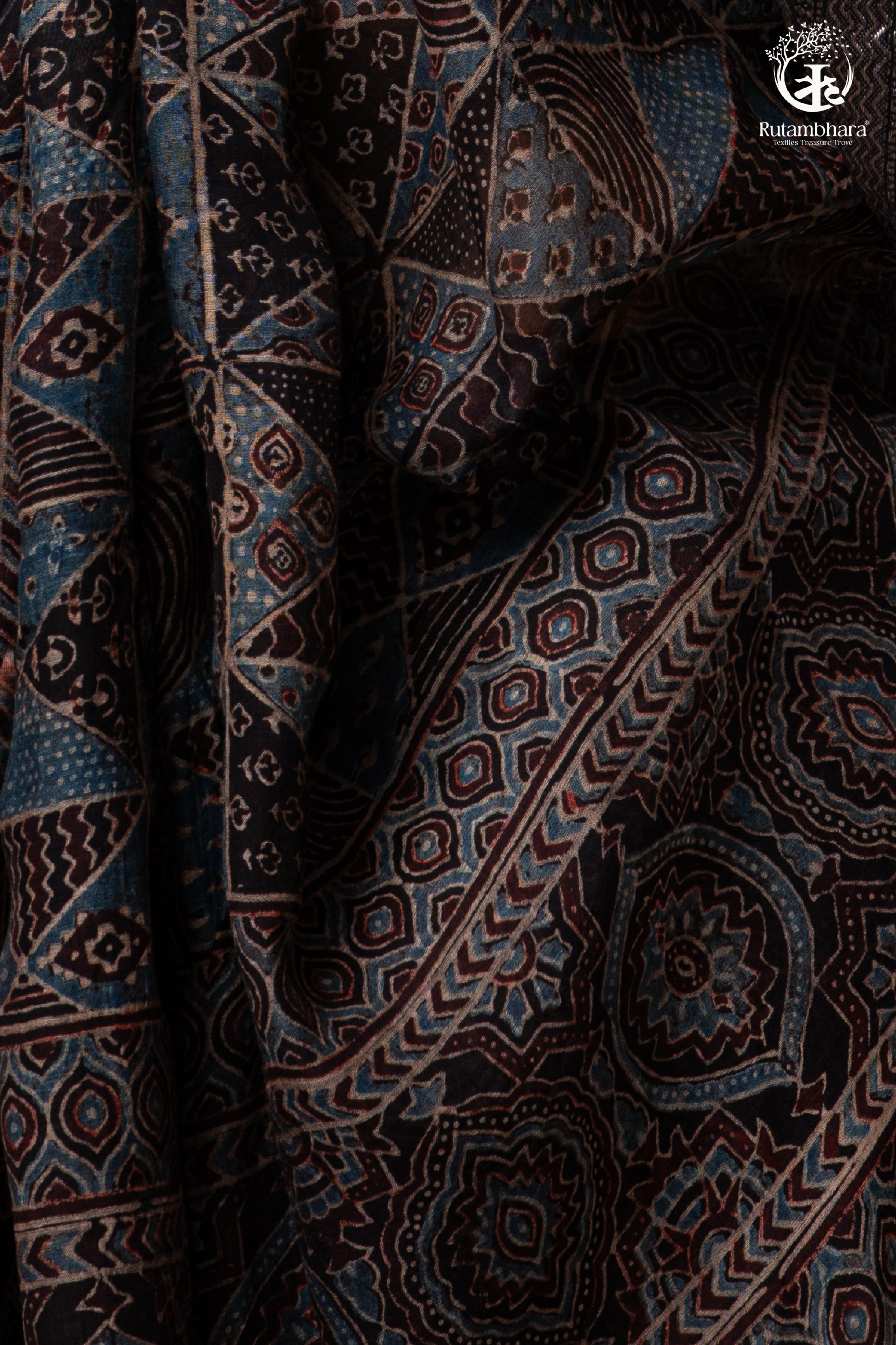 Ushraa - Black and Indigo Ajrakh Hand Block Printed Kota Cotton Silk Saree with Small Silver Zari Border