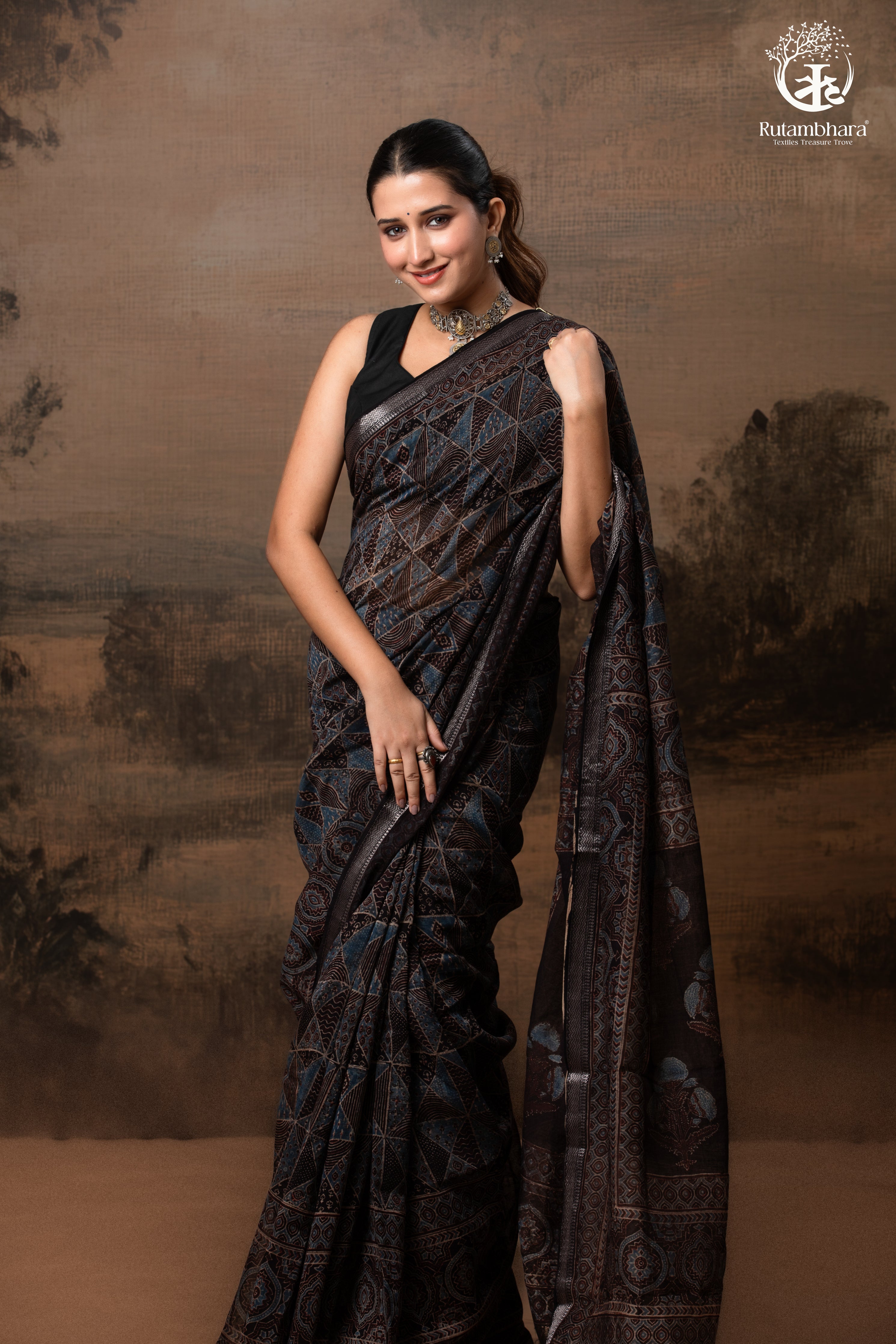 Ushraa - Black and Indigo Ajrakh Hand Block Printed Kota Cotton Silk Saree with Small Silver Zari Border