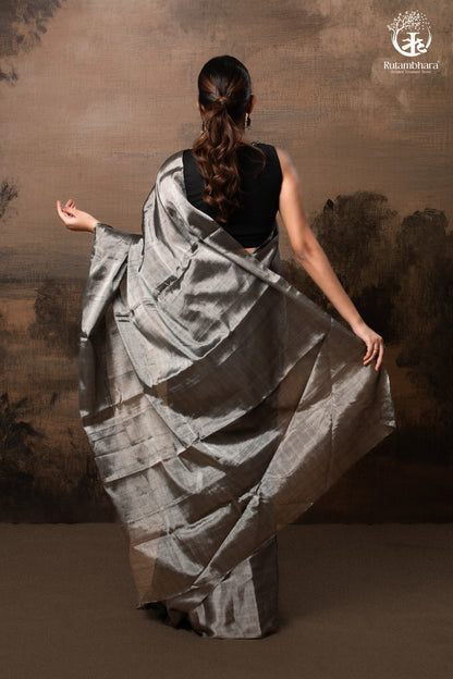 Swarvi - Silver Noir Handwoven Chanderi Tissue Saree-RUTAMBHARA-RUTAMBHARA