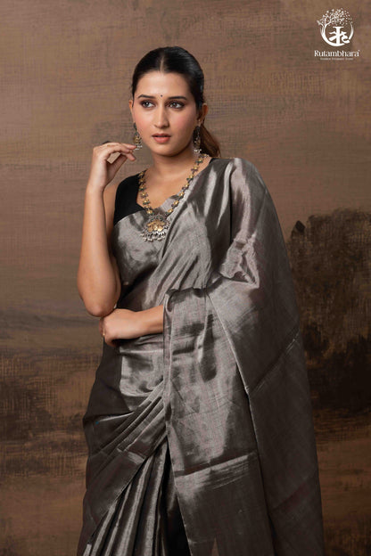 Swarvi - Silver Noir Handwoven Chanderi Tissue Saree-RUTAMBHARA-RUTAMBHARA