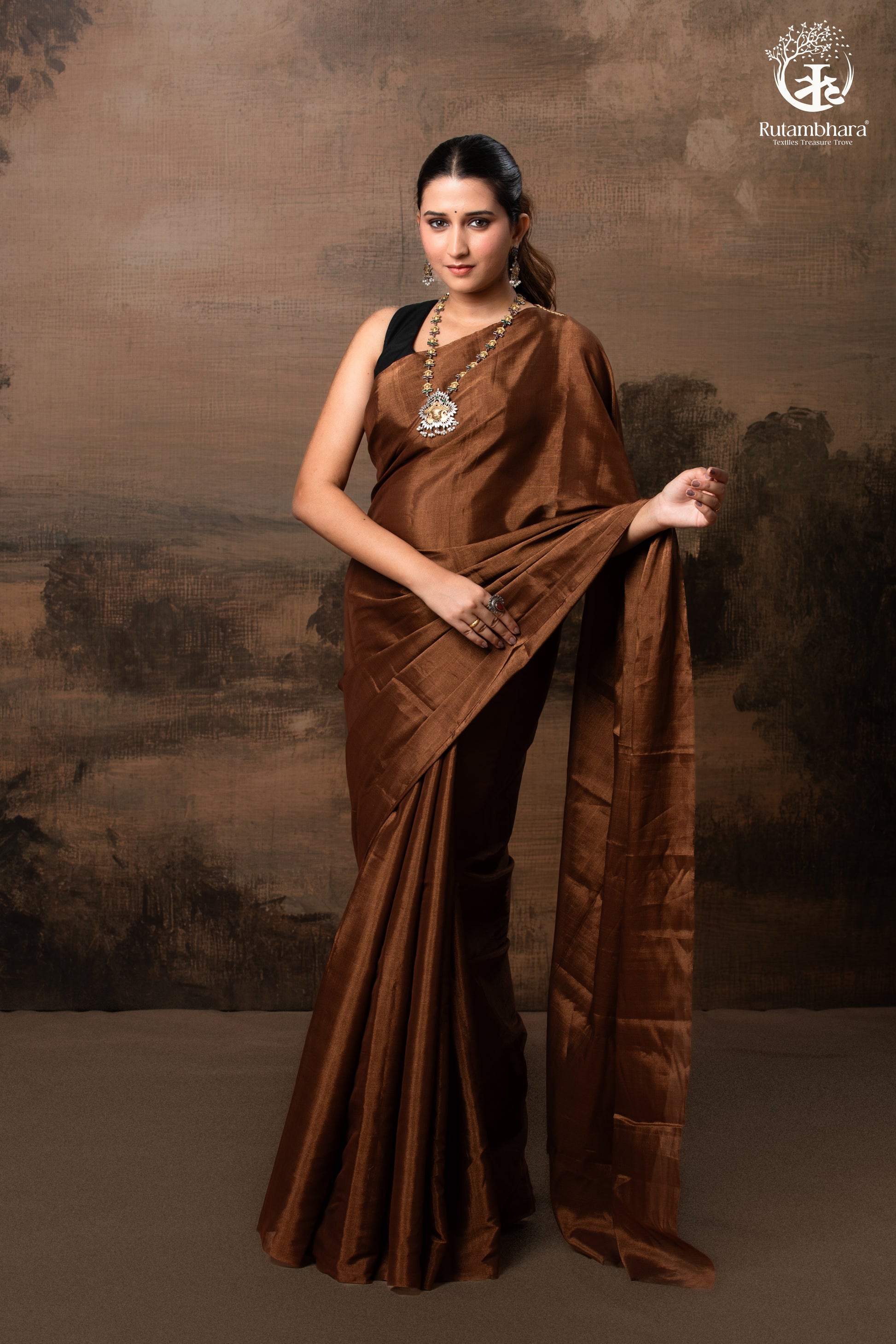 Swarvi - Metallic Brown Handwoven Chanderi Tissue Saree-RUTAMBHARA -RUTAMBHARA