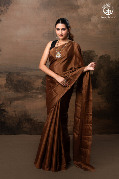 Swarvi - Metallic Brown Handwoven Chanderi Tissue Saree-RUTAMBHARA -RUTAMBHARA