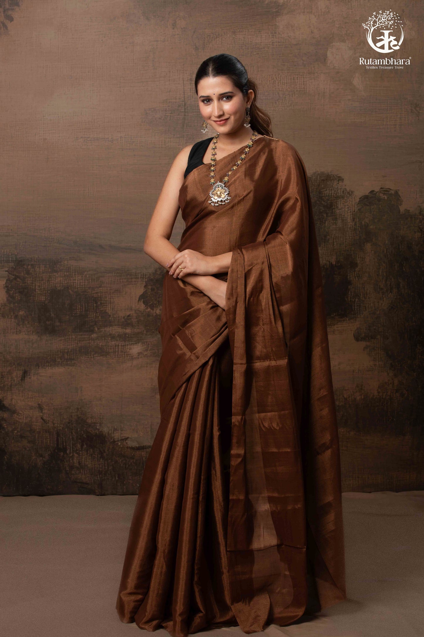 Swarvi - Metallic Brown Handwoven Chanderi Tissue Saree