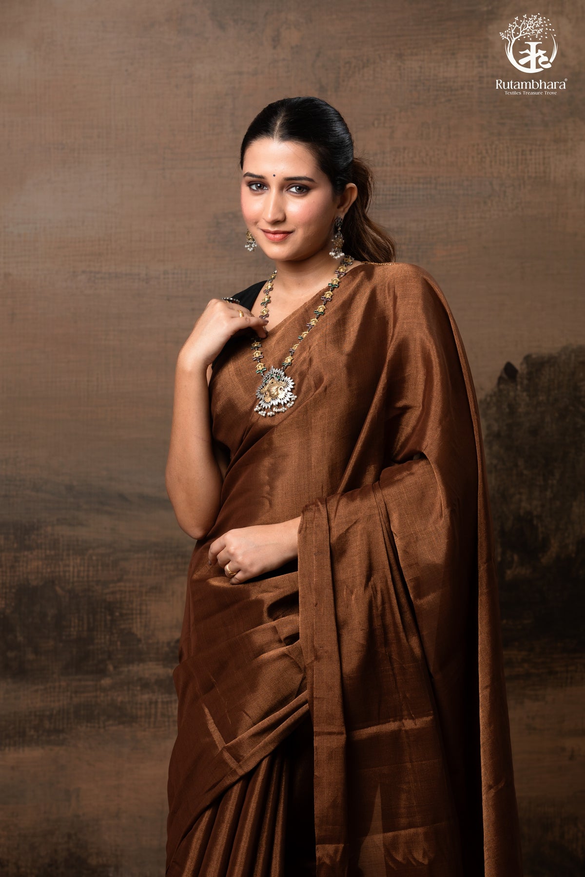 Swarvi - Metallic Brown Handwoven Chanderi Tissue Saree