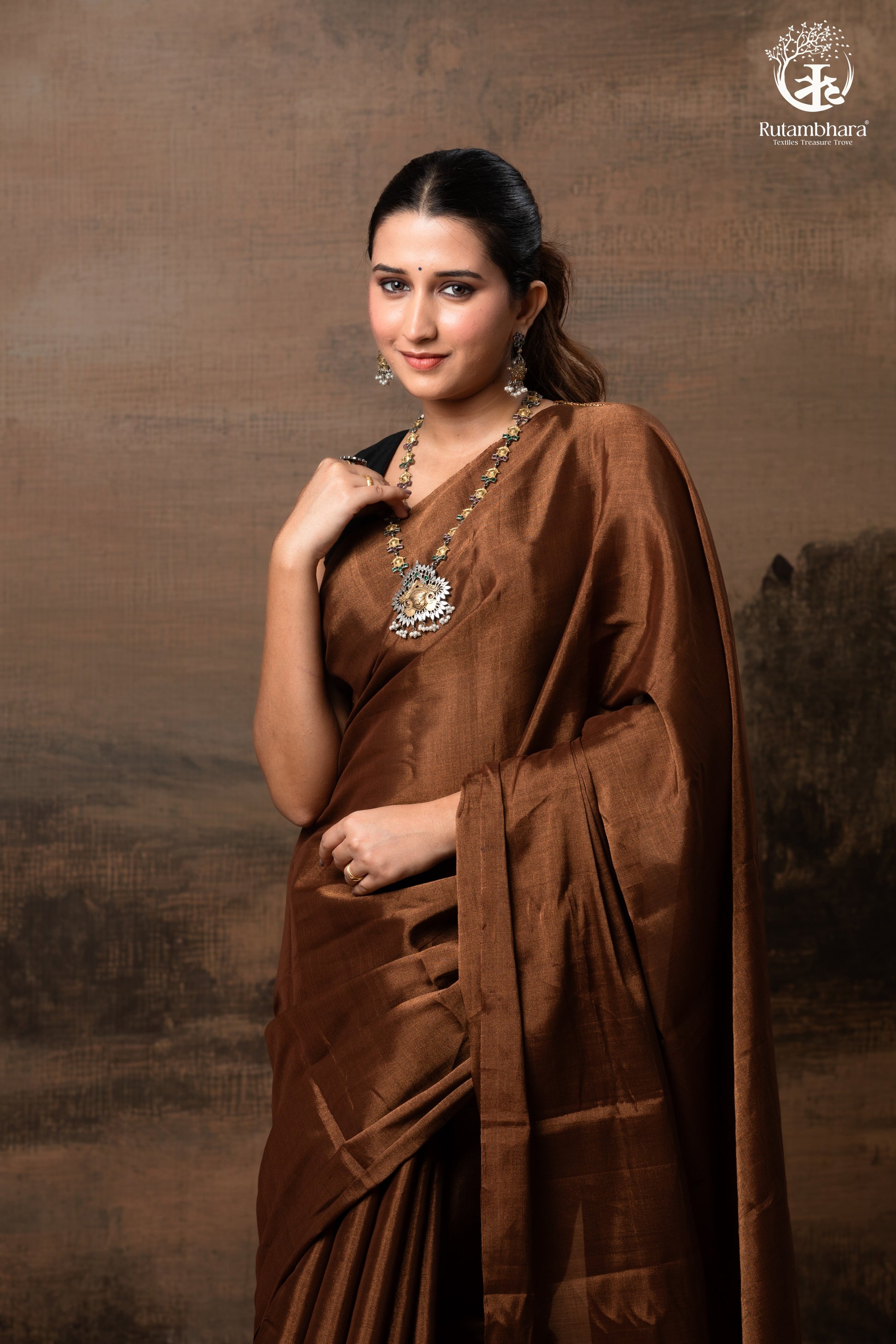 Swarvi - Metallic Brown Handwoven Chanderi Tissue Saree-RUTAMBHARA -RUTAMBHARA