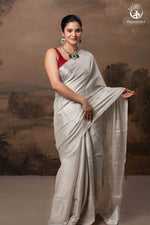 Swarvi - Silver Zari Handwoven Chanderi Tissue Saree-RUTAMBHARA -RUTAMBHARA