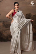 Swarvi - Silver Zari Handwoven Chanderi Tissue Saree-RUTAMBHARA -RUTAMBHARA