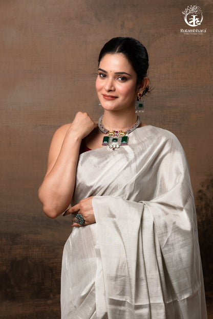 Swarvi - Silver Zari Handwoven Chanderi Tissue Saree-RUTAMBHARA -RUTAMBHARA