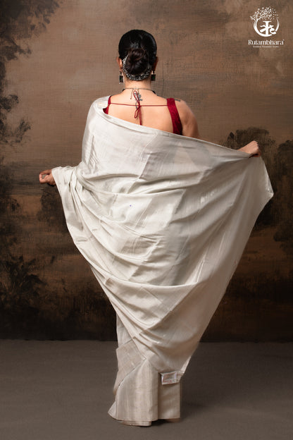 Swarvi - Silver Zari Handwoven Chanderi Tissue Saree-RUTAMBHARA -RUTAMBHARA