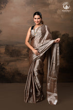Swarvi - Lustrous SIlver Brown Handwoven Chanderi Tissue Saree-RUTAMBHARA -RUTAMBHARA