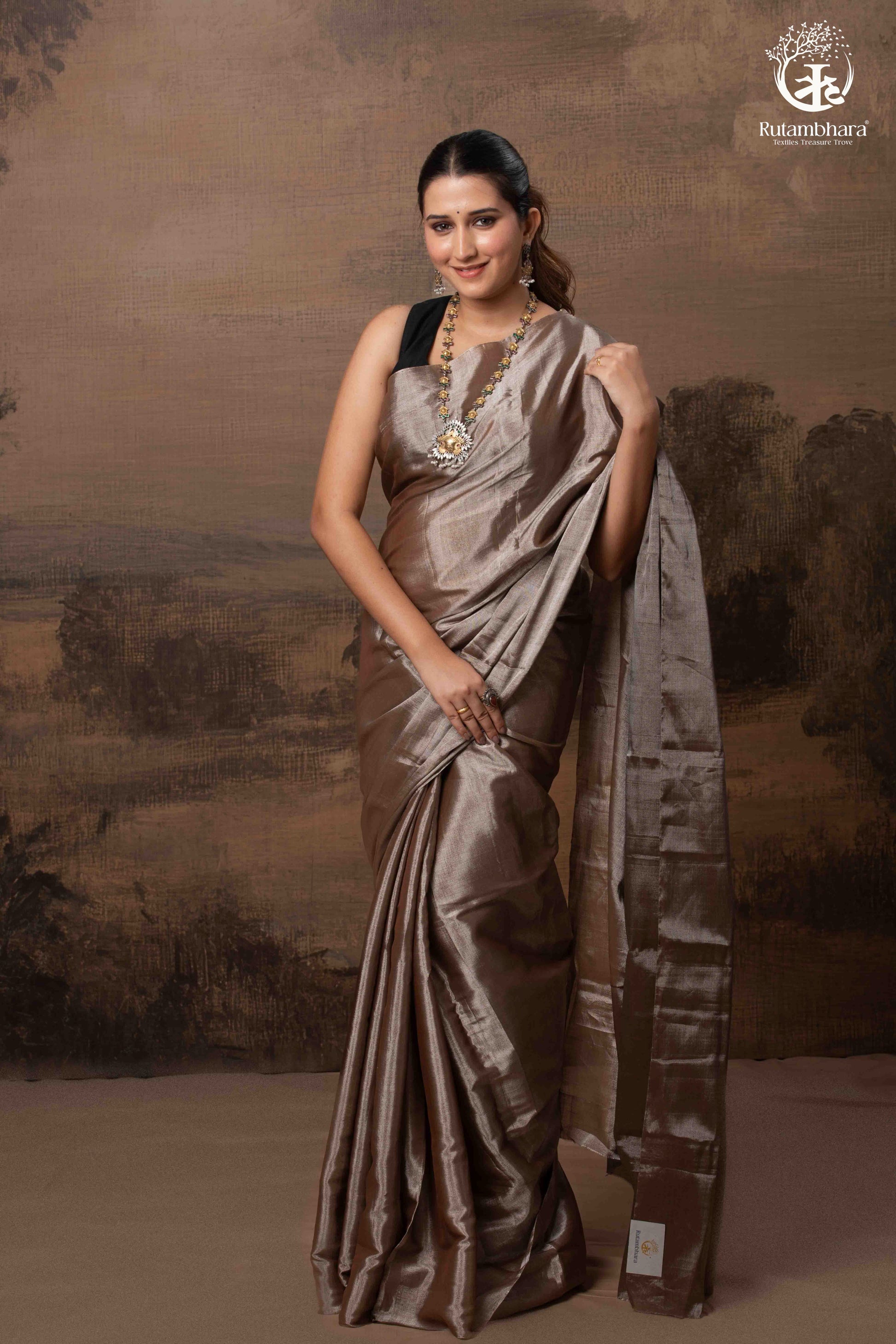 Swarvi - Lustrous SIlver Brown Handwoven Chanderi Tissue Saree-RUTAMBHARA -RUTAMBHARA