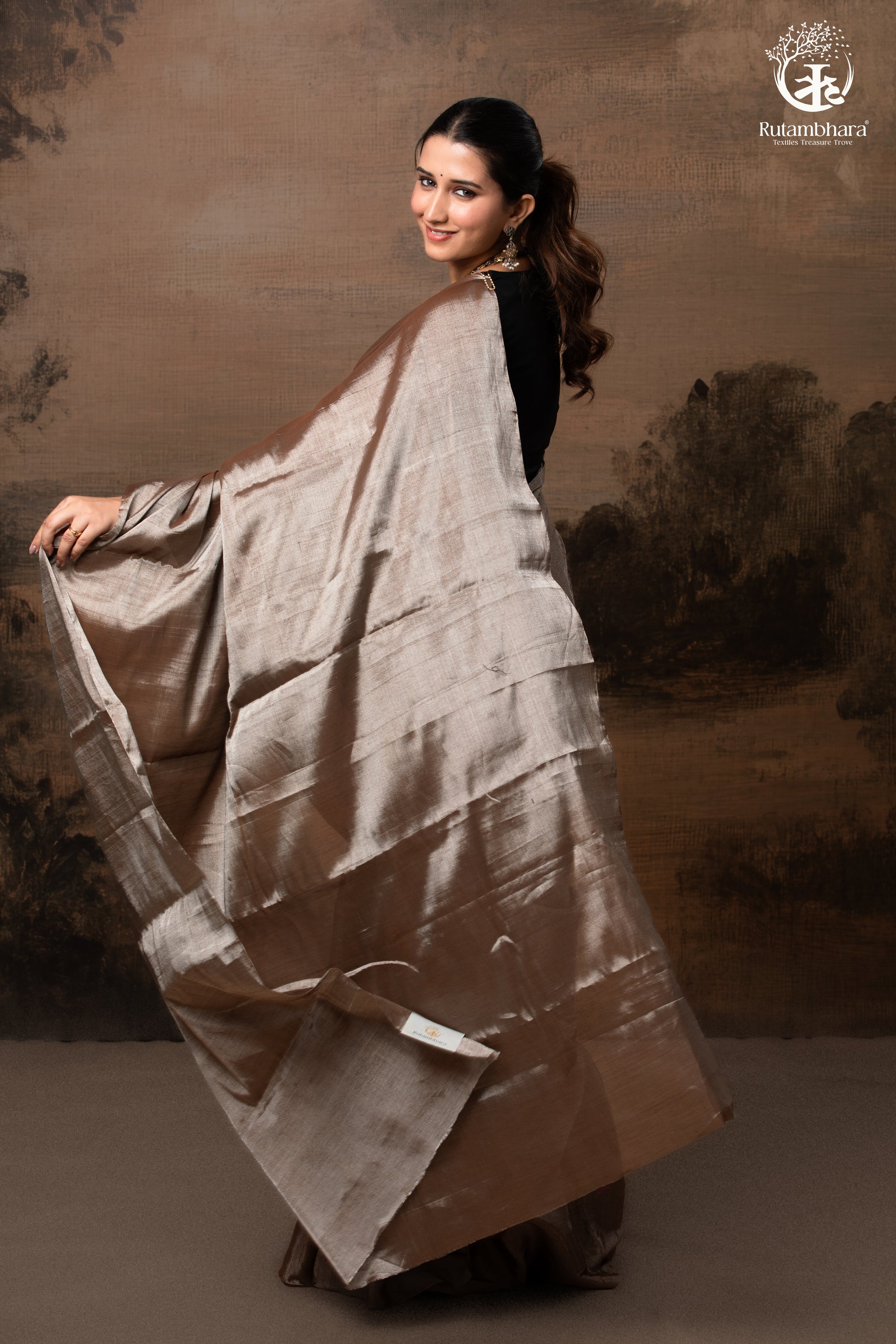 Swarvi - Lustrous SIlver Brown Handwoven Chanderi Tissue Saree-RUTAMBHARA -RUTAMBHARA