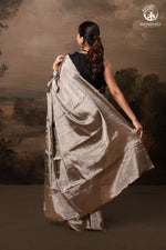 Swarvi - Lustrous SIlver Brown Handwoven Chanderi Tissue Saree-RUTAMBHARA -RUTAMBHARA