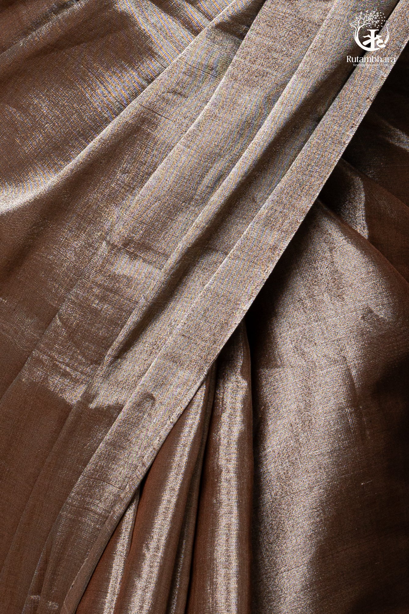 Swarvi - Lustrous SIlver Brown Handwoven Chanderi Tissue Saree-RUTAMBHARA -RUTAMBHARA
