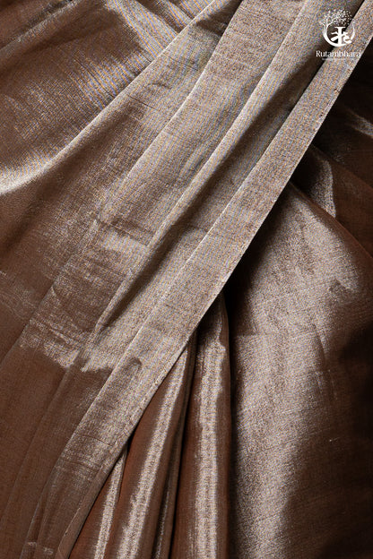 Swarvi - Lustrous SIlver Brown Handwoven Chanderi Tissue Saree-RUTAMBHARA -RUTAMBHARA