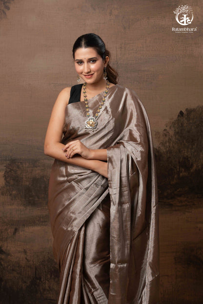 Swarvi - Lustrous SIlver Brown Handwoven Chanderi Tissue Saree-RUTAMBHARA -RUTAMBHARA