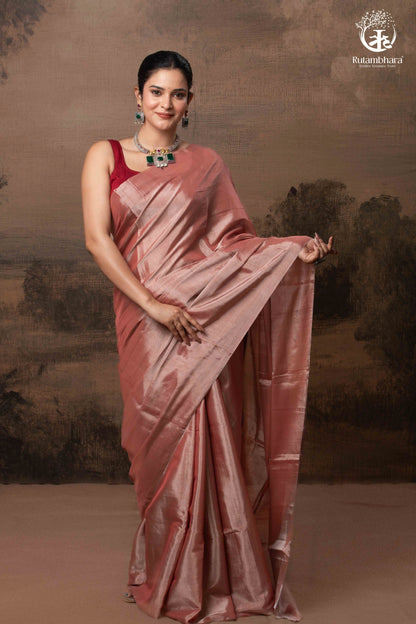 Swarvi - Argent Rouge Handwoven Chanderi Tissue Saree-RUTAMBHARA -RUTAMBHARA
