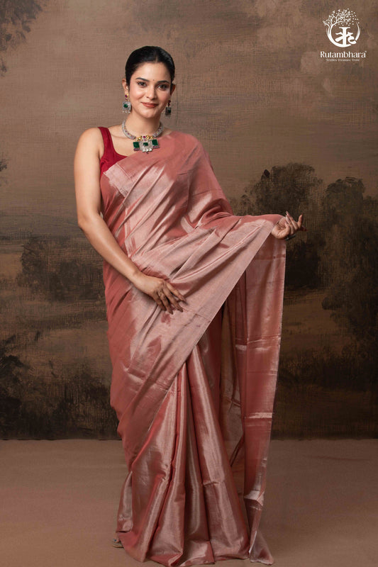 Swarvi - Argent Rouge Handwoven Chanderi Tissue Saree
