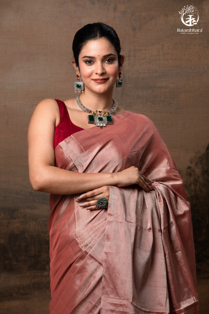 Swarvi - Argent Rouge Handwoven Chanderi Tissue Saree-RUTAMBHARA -RUTAMBHARA