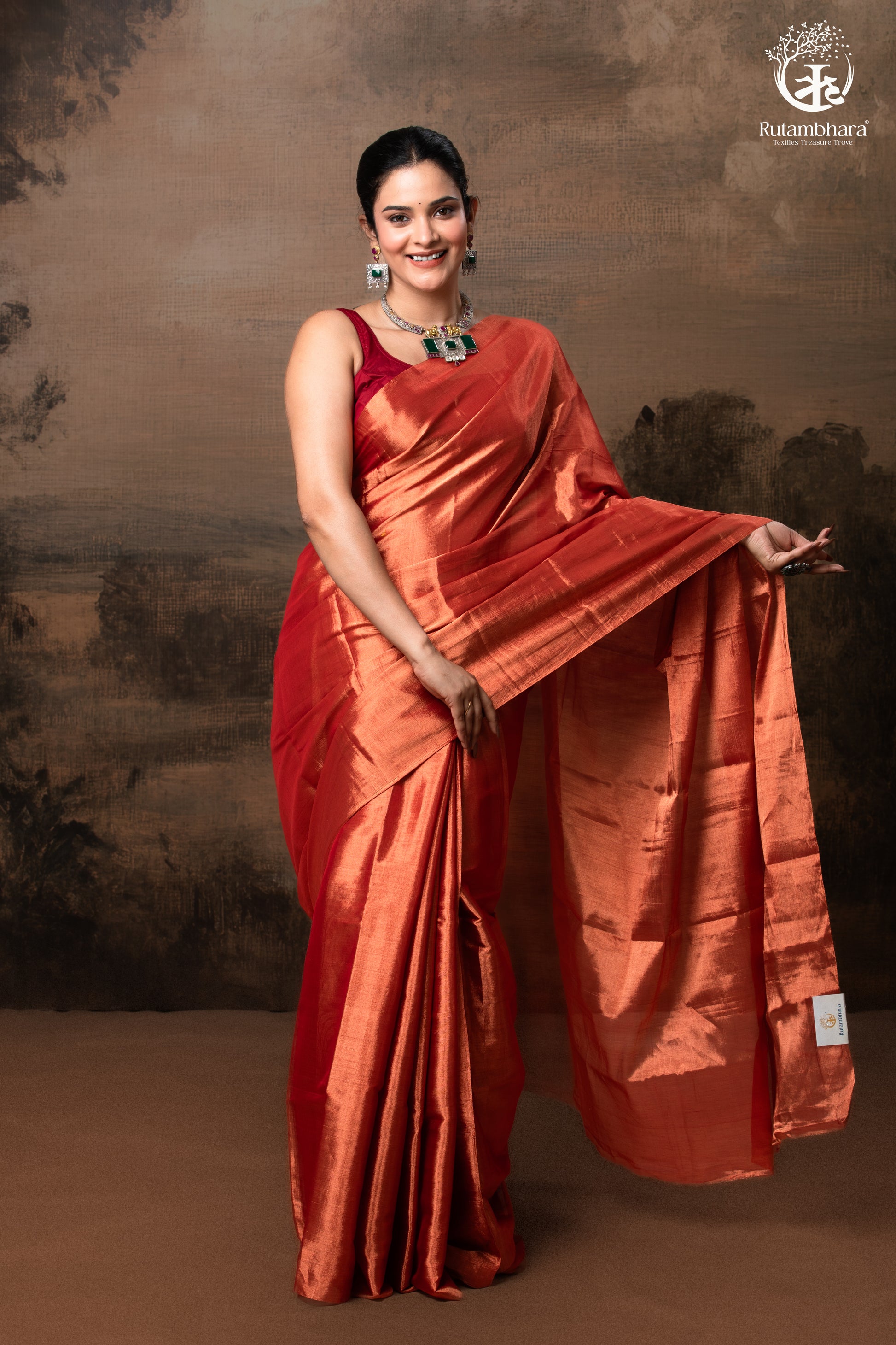 Swarvi - Copper Rouge Handwoven Chanderi Tissue Saree-RUTAMBHARA-RUTAMBHARA