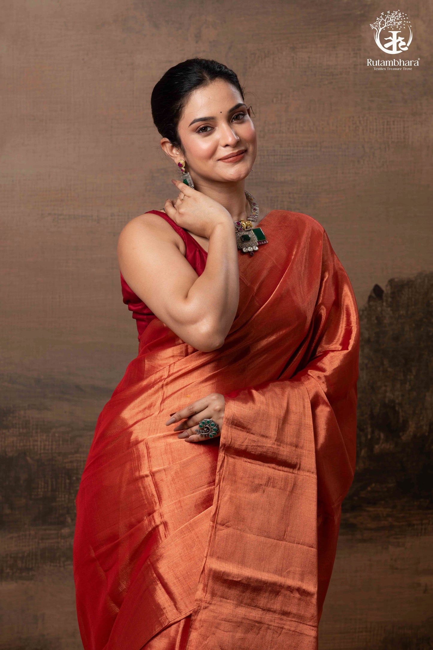Swarvi - Copper Rouge Handwoven Chanderi Tissue Saree