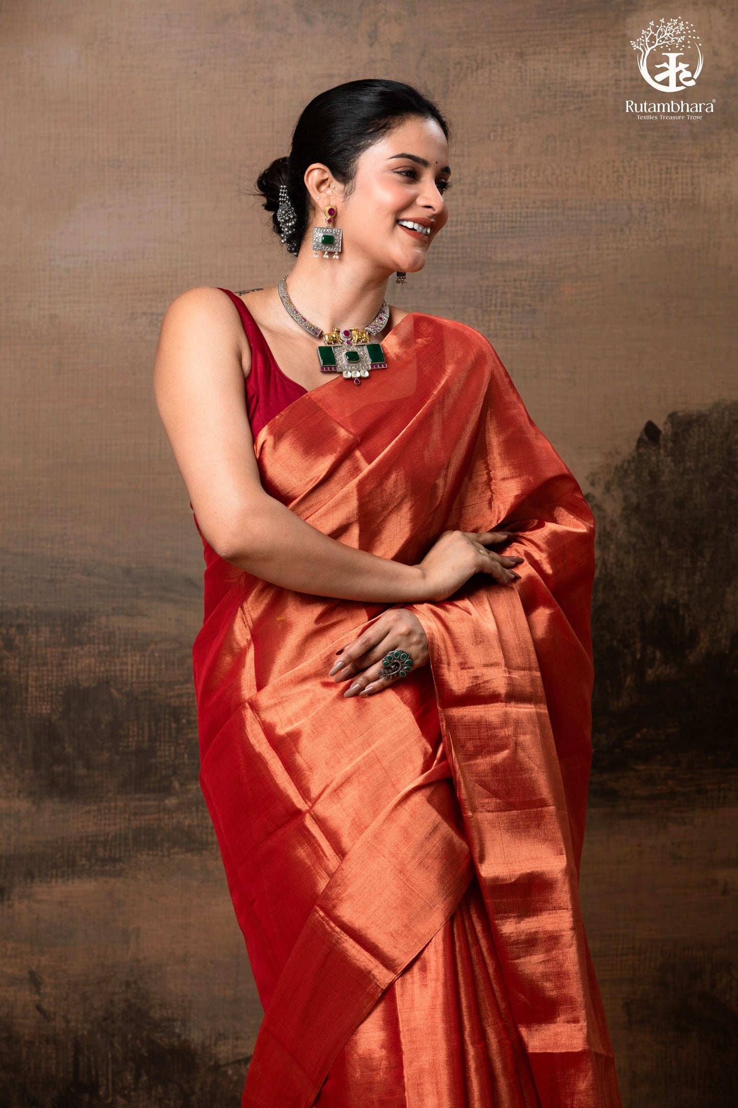 Swarvi - Copper Rouge Handwoven Chanderi Tissue Saree