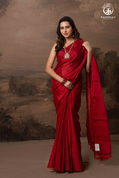 Swarvi - Metallic Rouge Handwoven Chanderi Tissue Saree-RUTAMBHARA-RUTAMBHARA
