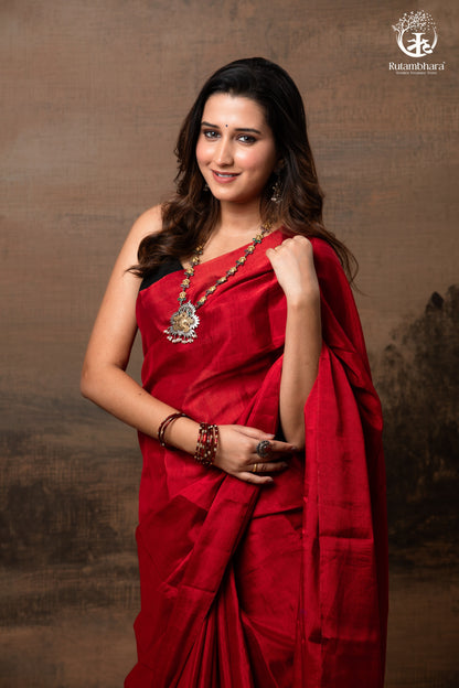 Swarvi - Metallic Rouge Handwoven Chanderi Tissue Saree-RUTAMBHARA-RUTAMBHARA
