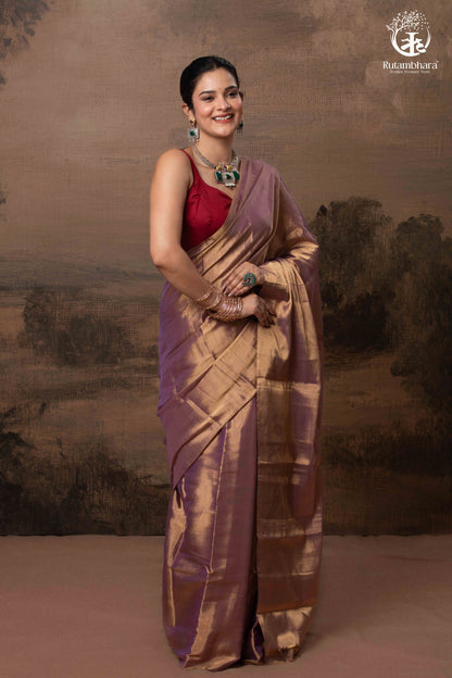 Swarvi - Purple Gold Handwoven Chanderi Tissue Saree-RUTAMBHARA-RUTAMBHARA