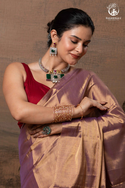 Swarvi - Purple Gold Handwoven Chanderi Tissue Saree-RUTAMBHARA-RUTAMBHARA