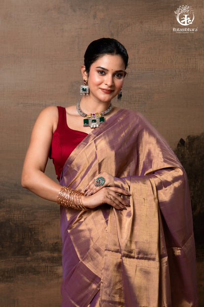 Swarvi - Purple Gold Handwoven Chanderi Tissue Saree-RUTAMBHARA-RUTAMBHARA