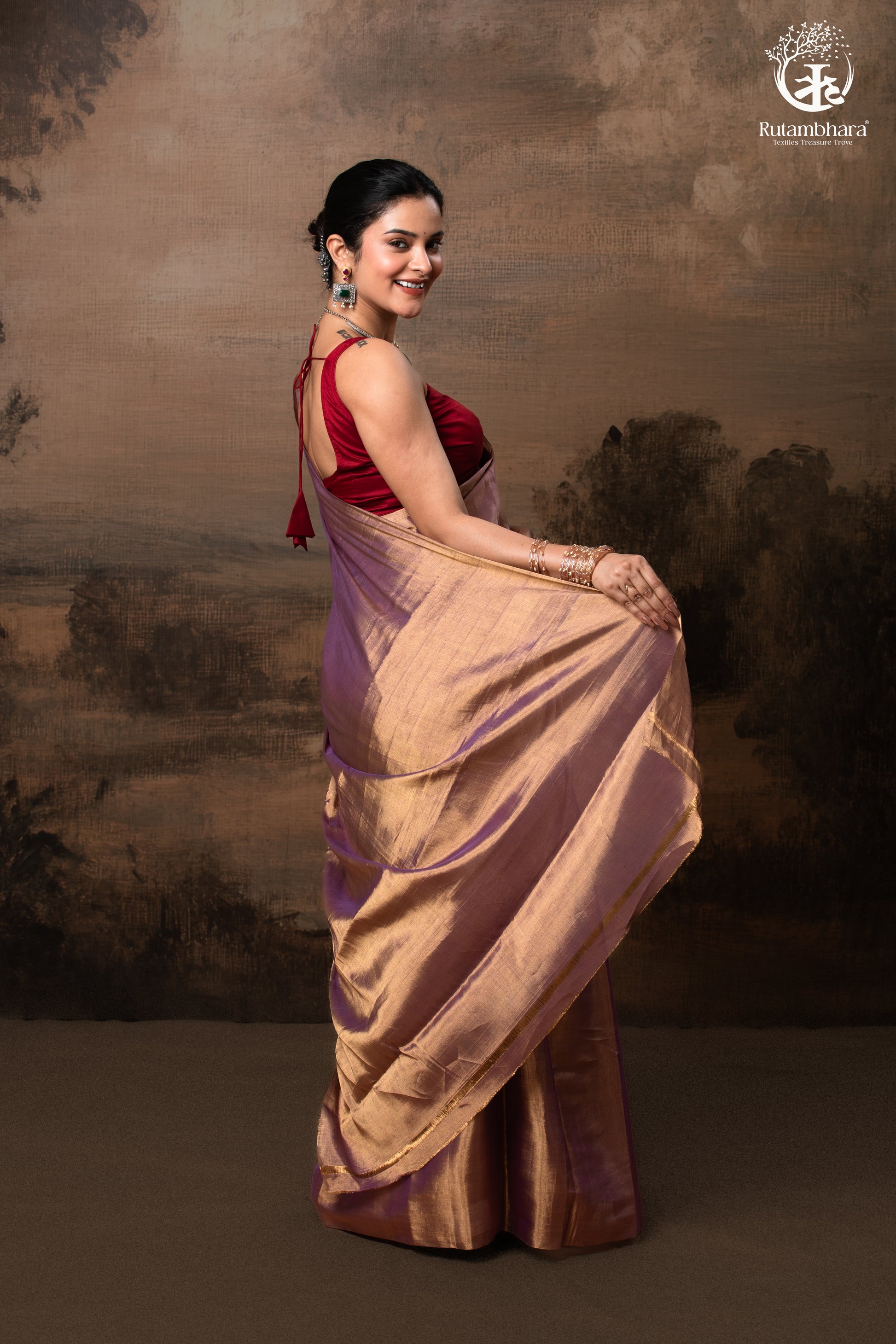 Swarvi - Purple Gold Handwoven Chanderi Tissue Saree-RUTAMBHARA-RUTAMBHARA