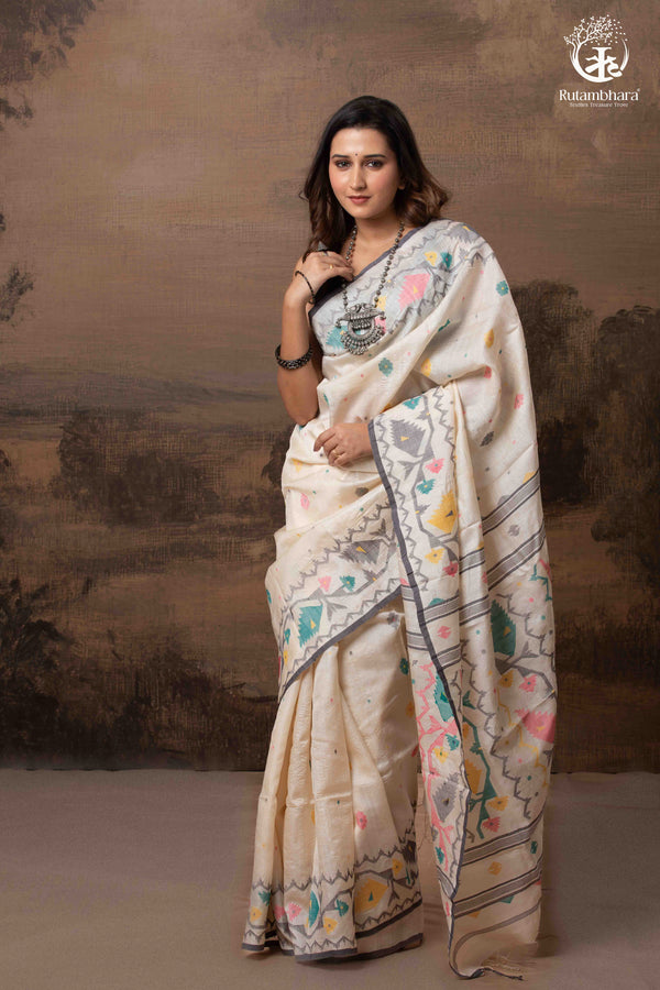 Off-White Handwoven Jamdani Tussar Silk Saree-Rutambhara-RUTAMBHARA