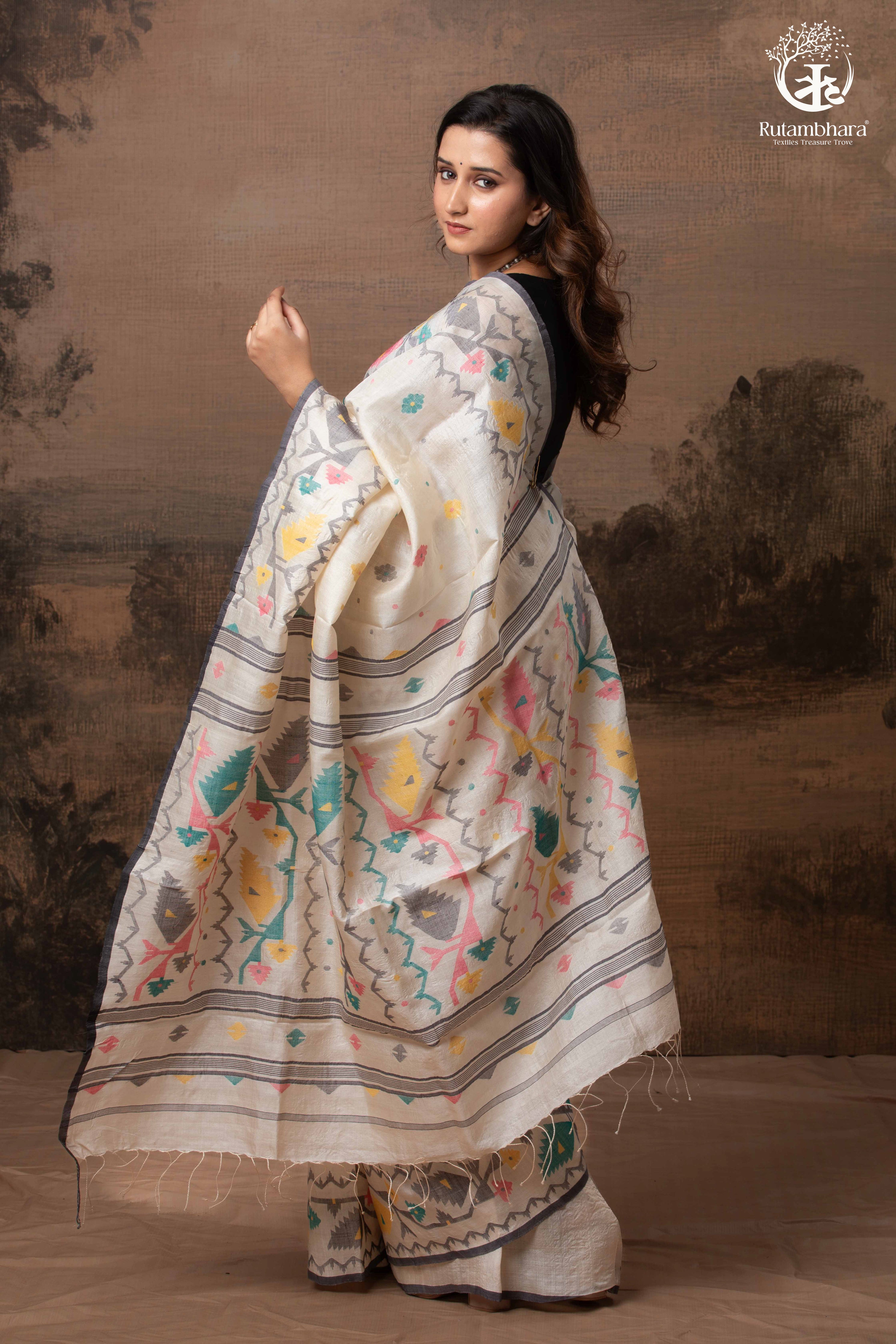Off-White Handwoven Jamdani Tussar Silk Saree
