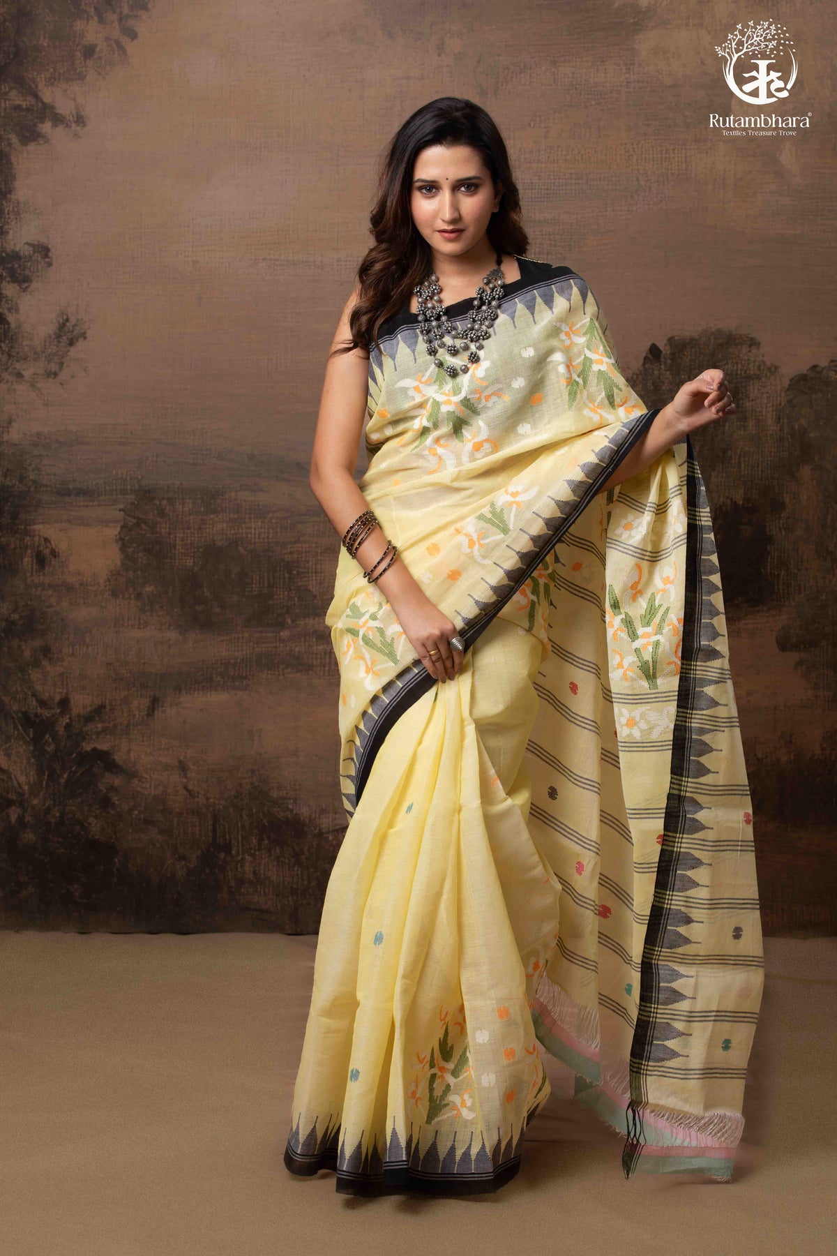 Pastel Yellow Jamdani Handloom Cotton Saree