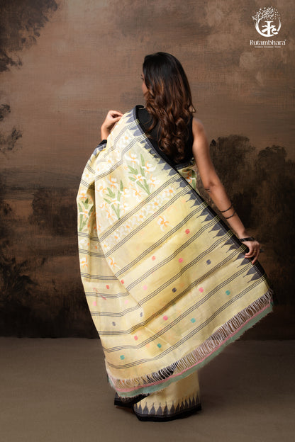 Woman wearing a traditional saree with a floral pattern against a brown background - Pallu view