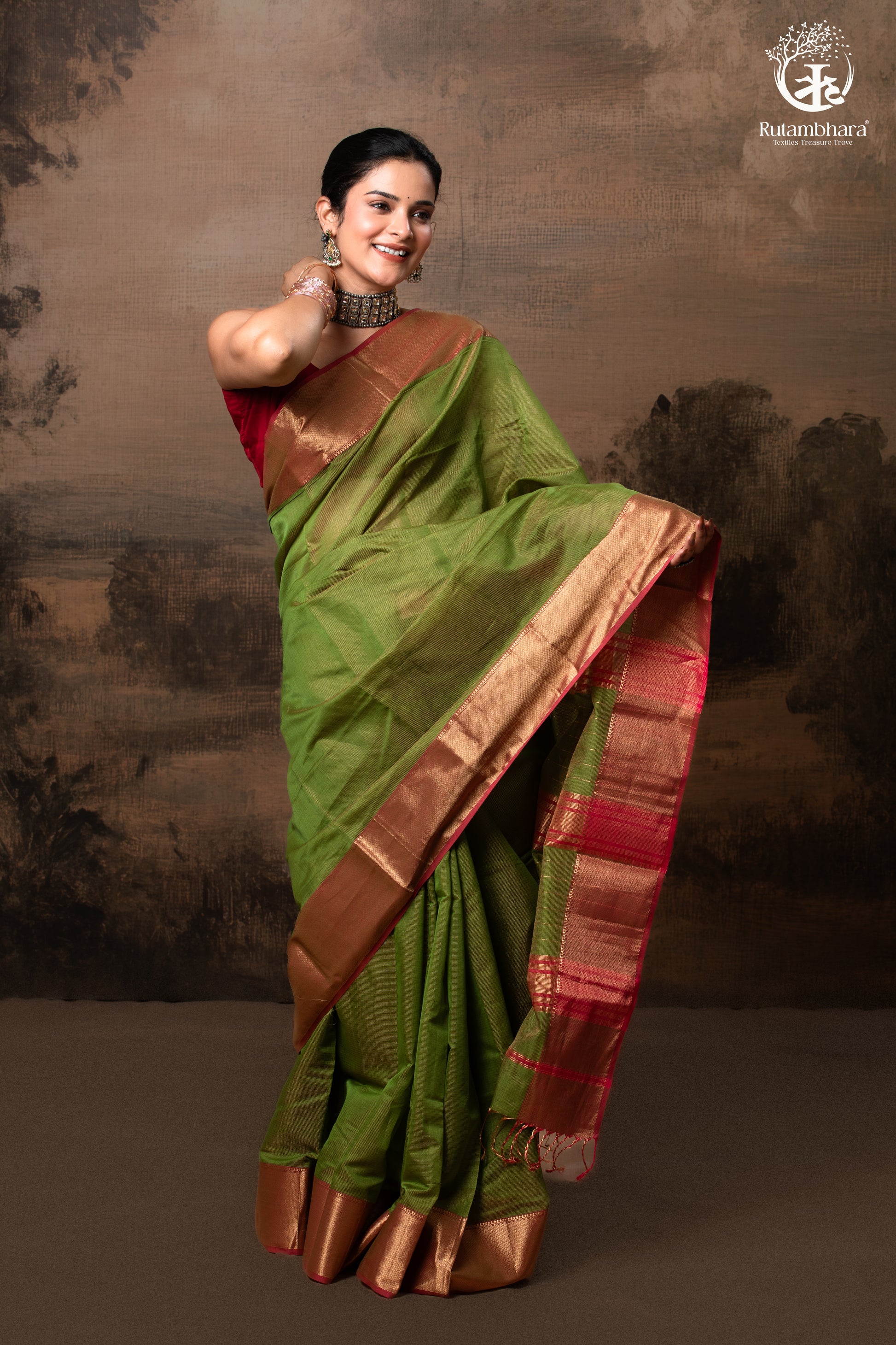 RAASTA - GREEN WITH DEEP PINK SELVEDGE AND GOLD ZARI CHATAI BORDER-RUTAMBHARA-RUTAMBHARA