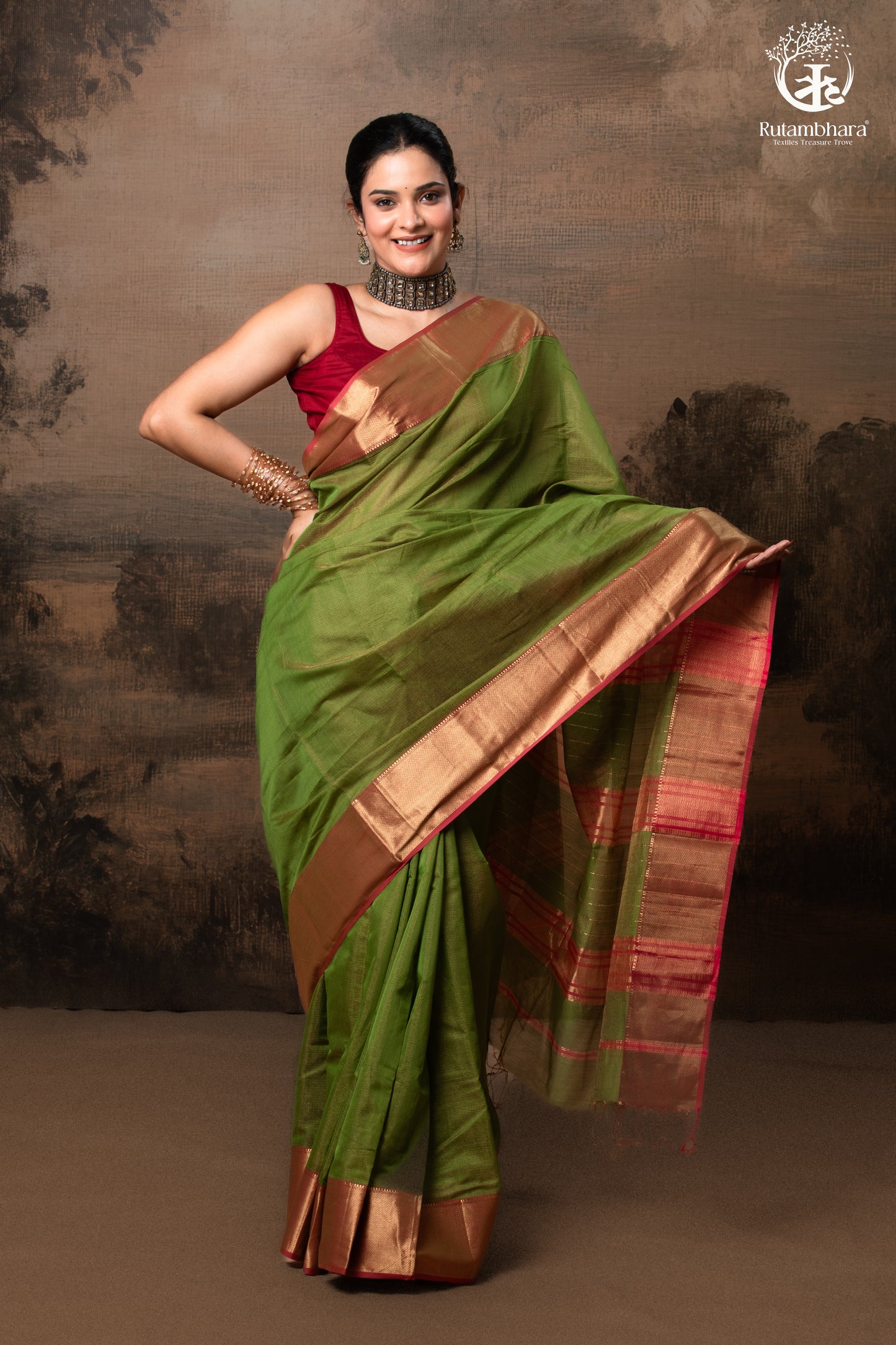 RAASTA - GREEN WITH DEEP PINK SELVEDGE AND GOLD ZARI CHATAI BORDER