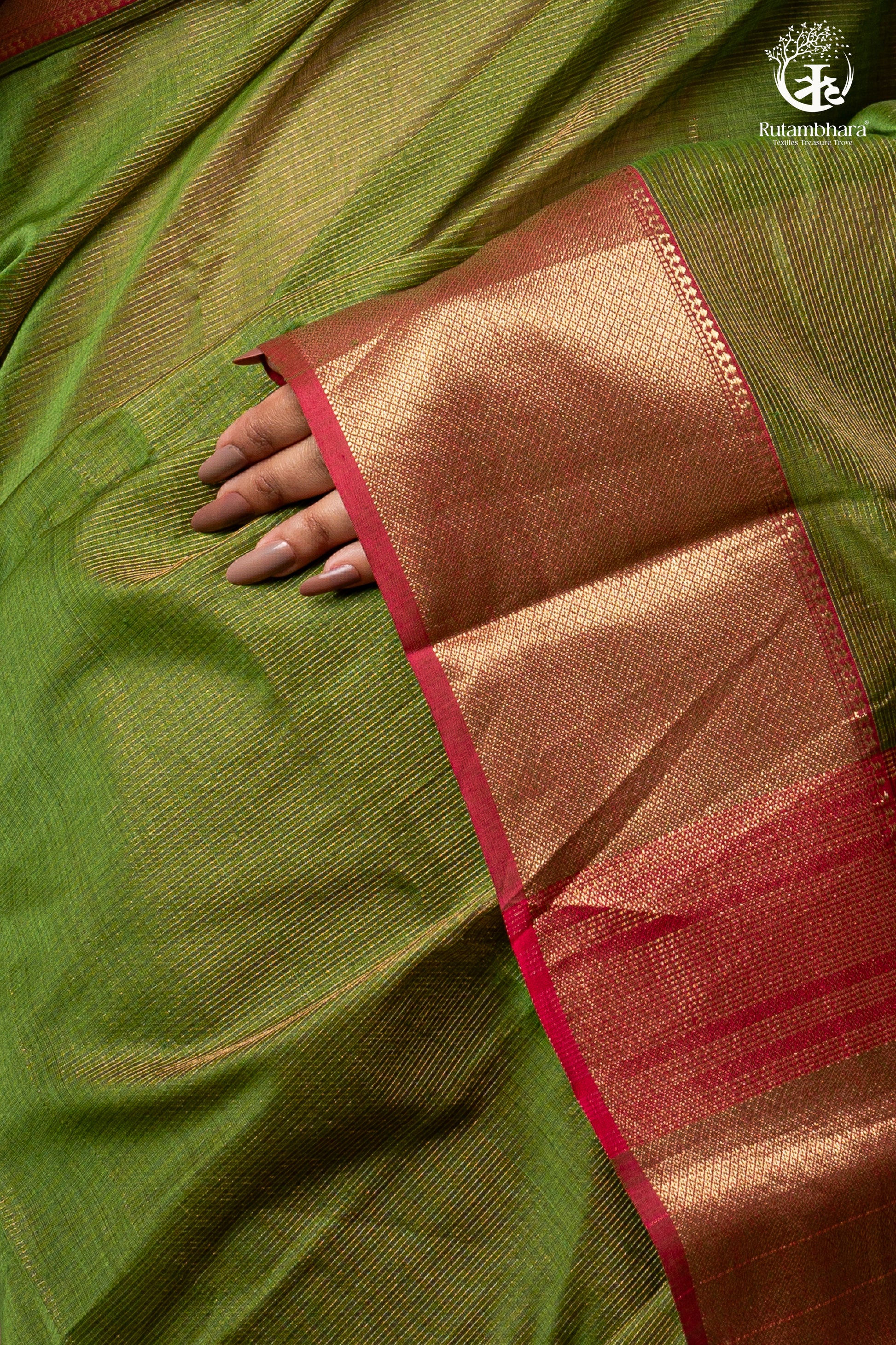 RAASTA - GREEN WITH DEEP PINK SELVEDGE AND GOLD ZARI CHATAI BORDER-RUTAMBHARA-RUTAMBHARA