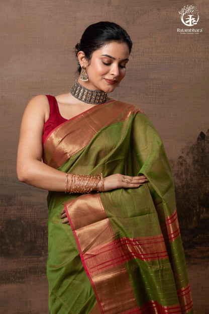 RAASTA - GREEN WITH DEEP PINK SELVEDGE AND GOLD ZARI CHATAI BORDER-RUTAMBHARA-RUTAMBHARA