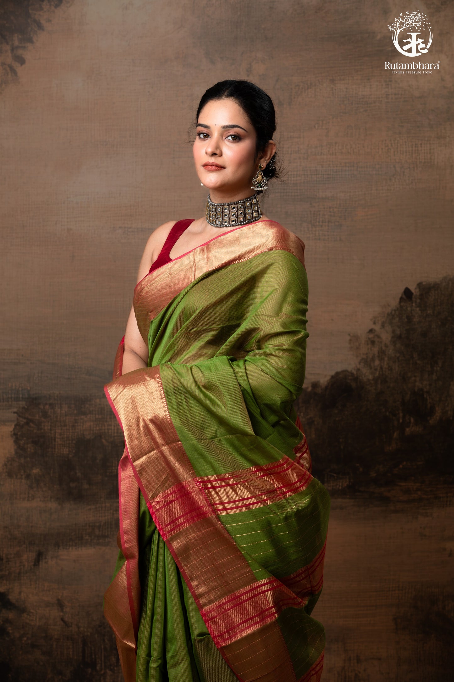 RAASTA - GREEN WITH DEEP PINK SELVEDGE AND GOLD ZARI CHATAI BORDER