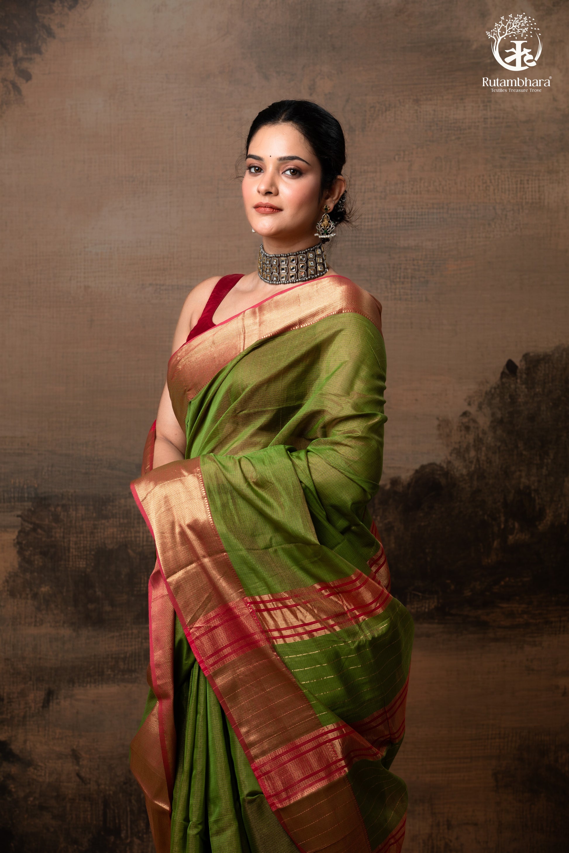 RAASTA - GREEN WITH DEEP PINK SELVEDGE AND GOLD ZARI CHATAI BORDER-RUTAMBHARA-RUTAMBHARA