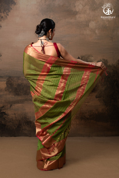 RAASTA - GREEN WITH DEEP PINK SELVEDGE AND GOLD ZARI CHATAI BORDER-RUTAMBHARA-RUTAMBHARA
