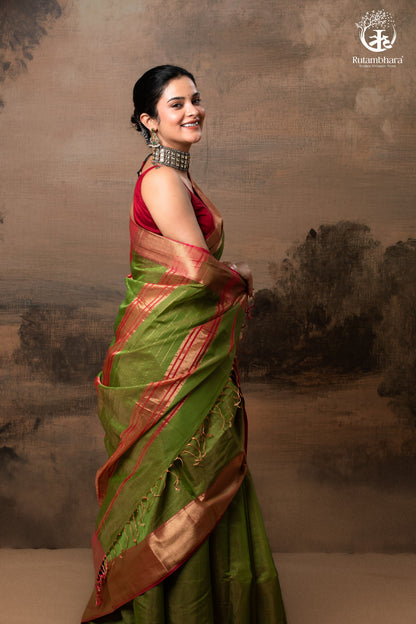 RAASTA - GREEN WITH DEEP PINK SELVEDGE AND GOLD ZARI CHATAI BORDER-RUTAMBHARA-RUTAMBHARA