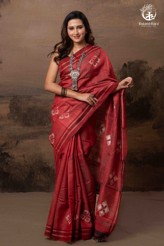 Pure Tussar Silk Saree - Dark Red