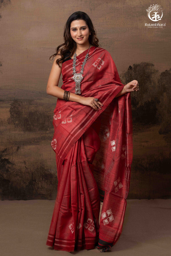 Pure Tussar Silk Saree - Dark Red-Rutambhara-RUTAMBHARA